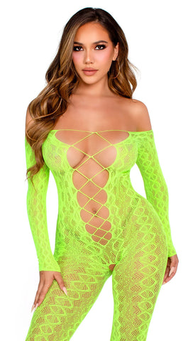 89357 Python net crotchless footless lingerie jumpsuit with faux lace up detail by Leg Avenue